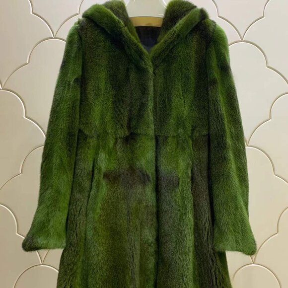 New Real MINK Fur Coat Jacket Stroller Hooded Forest Green Seaweed Moss No Fox - Picture 1 of 9